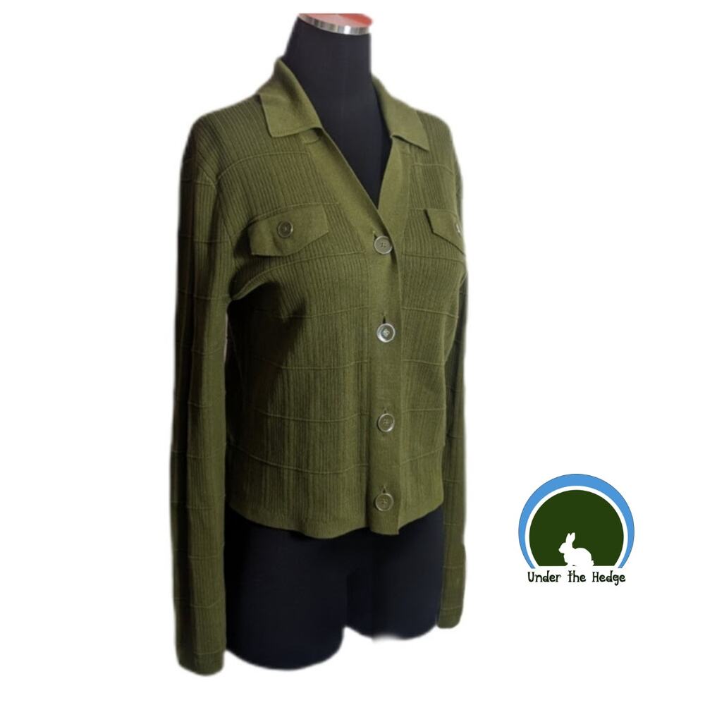 Vtg Cabi Avocado Green Ribbed Button Crop Cardigan | Small | Indie Chic